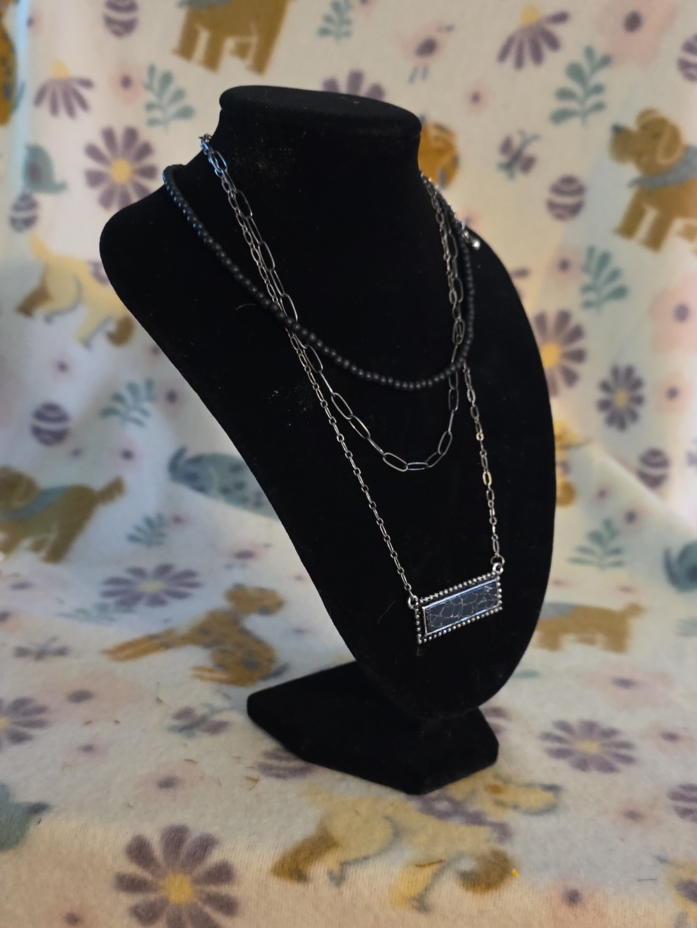 Layered Black Bead and Chain Necklace with Rectangular Pendant